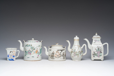 Four Chinese famille rose and qianjiang cai teapots and covers and a cup with figurative design, 19th/20th C.