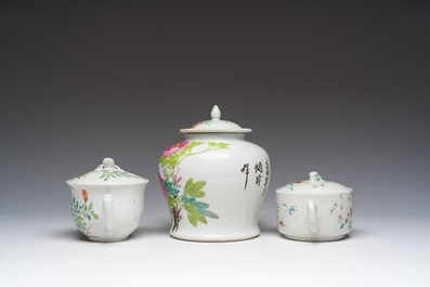 Two Chinese famille rose teapots and covers and a qianjiang cai jar and cover with floral design, 19th/20th C.