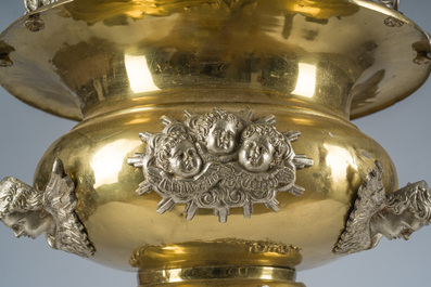 A Gothic revival partially silver-plated brass 'angels' sanctuary lamp, ca. 1900