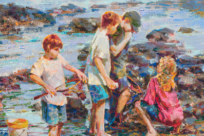 Lau Chun (1942): De kleine vissers op het strand, olie op doek