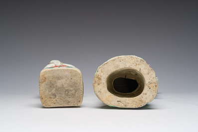 A Chinese famille rose model of Liu Hai and a famille verte of one of the Hehe brothers, 19th C.