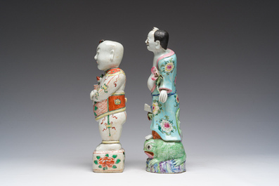 A Chinese famille rose model of Liu Hai and a famille verte of one of the Hehe brothers, 19th C.