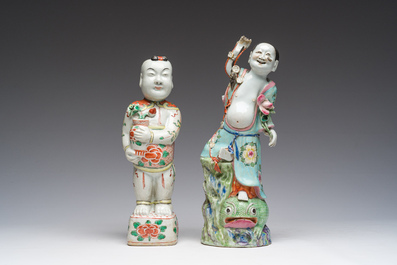 A Chinese famille rose model of Liu Hai and a famille verte of one of the Hehe brothers, 19th C.