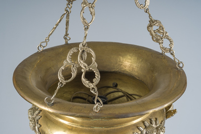 A Gothic revival partially silver-plated brass 'angels' sanctuary lamp, ca. 1900