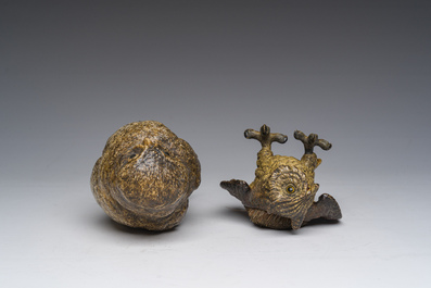 Franz Xaver Bergmann (1861-1936): Twee Weense polychroom koud beschilderde bronzen modellen van uilen, 19de/20ste eeuw