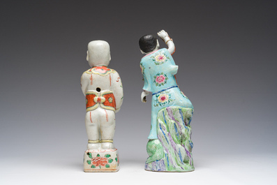 A Chinese famille rose model of Liu Hai and a famille verte of one of the Hehe brothers, 19th C.