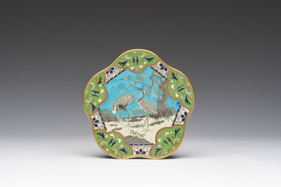 A Japanese cloisonn&eacute; jar and cover, a box and cover and a tray with cranes and floral design, Meiji, 19th/20th C.