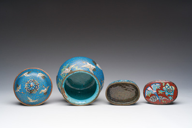 A Japanese cloisonn&eacute; jar and cover, a box and cover and a tray with cranes and floral design, Meiji, 19th/20th C.