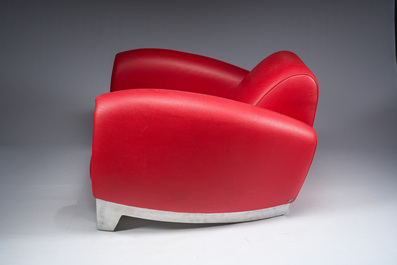 Franz Romero (1951): Fauteuil lounge Bugatti DS-57 en cuir rouge et aluminium poli, De Sede, Suisse