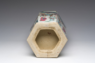 A Chinese hexagonal famille rose vase with figurative design all around, 19th C.