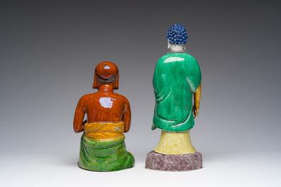 Two Chinese sancai pottery and verte biscuit figures, 19th C.