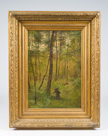 C&eacute;sar De Cock (1823-1904): Sous-bois anim&eacute;, huile sur toile