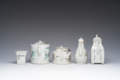 Four Chinese famille rose and qianjiang cai teapots and covers and a cup with figurative design, 19th/20th C.