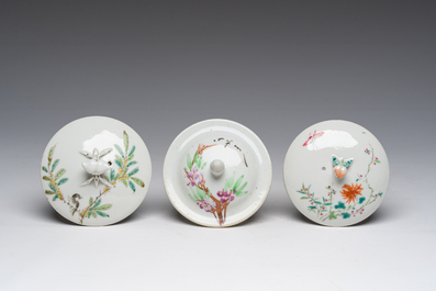 Two Chinese famille rose teapots and covers and a qianjiang cai jar and cover with floral design, 19th/20th C.