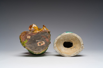 Two Chinese sancai pottery and verte biscuit figures, 19th C.