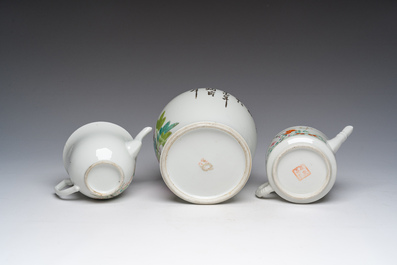 Two Chinese famille rose teapots and covers and a qianjiang cai jar and cover with floral design, 19th/20th C.