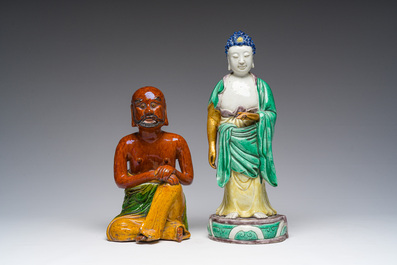 Two Chinese sancai pottery and verte biscuit figures, 19th C.