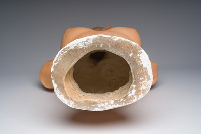 A French polychrome painted plaster female mannequin bust, marked 'Champs Elys&eacute;es Paris', 20th C.