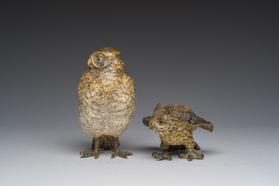 Franz Xaver Bergmann (1861-1936): Twee Weense polychroom koud beschilderde bronzen modellen van uilen, 19de/20ste eeuw
