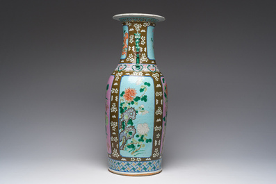 A Chinese capucin ground famille rose vase with pink and turquoise panels with floral design, 19th C.