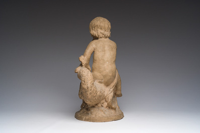 Ecole fran&ccedil;aise: Triton sur un dauphin, terre cuite &agrave; patine, 19&egrave;me si&egrave;cle