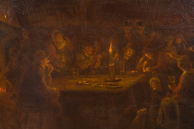 Belgian school: Interior with a merry band by candlelight, oil on panel, 19th C.