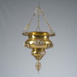 A Gothic revival partially silver-plated brass 'angels' sanctuary lamp, ca. 1900