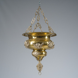 A Gothic revival partially silver-plated brass 'angels' sanctuary lamp, ca. 1900