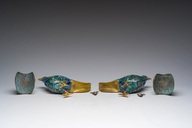 A pair of Chinese cloisonn&eacute; peacock-shaped censers and covers, 19th C.