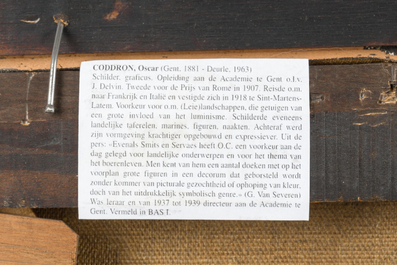 Oscar Coddron (1881-1960): Paysage enneig&eacute; avec un cheval et une caravane, huile sur toile