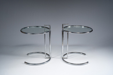 Eileen Gray (1878-1976): A pair of height-adjustable chromed steel and glass side tables, the so-called Classicon Adjustable Table E1027, [1970s]