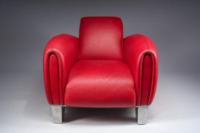 Franz Romero (1951): A red leather and polished aluminium DS-57 Bugatti lounge chair, De Sede, Switzerland
