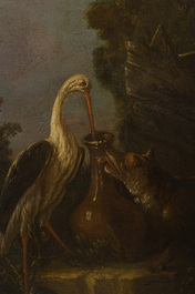 Flemish school: The fable of the fox and the stork, oil on canvas, ca. 1700