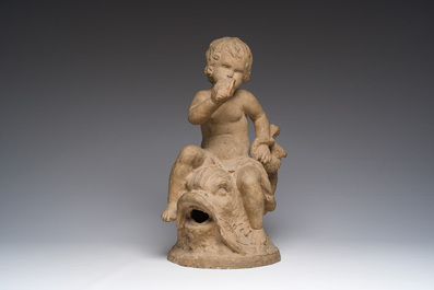 Ecole fran&ccedil;aise: Triton sur un dauphin, terre cuite &agrave; patine, 19&egrave;me si&egrave;cle