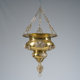A Gothic revival partially silver-plated brass 'angels' sanctuary lamp, ca. 1900