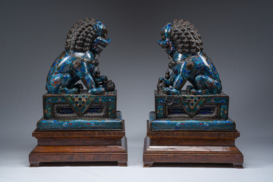 Paire de lions bouddhistes en &eacute;maux cloisonn&eacute;s sur un socle en bois, Chine, 20&egrave;me si&egrave;cle