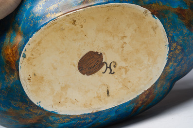 A French three-piece polychrome faience fine bronze mounted garniture with floral design, Creil Montereau Boulenger et Cie, 19th C.