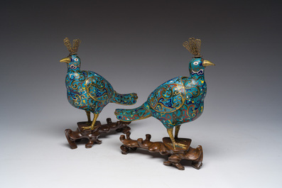 A pair of Chinese cloisonn&eacute; peacock-shaped censers and covers, 19th C.
