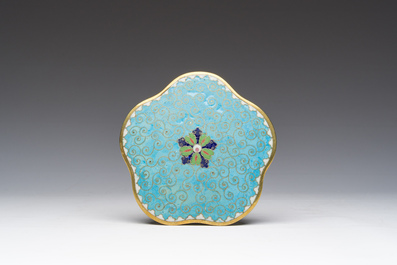 A Japanese cloisonn&eacute; jar and cover, a box and cover and a tray with cranes and floral design, Meiji, 19th/20th C.