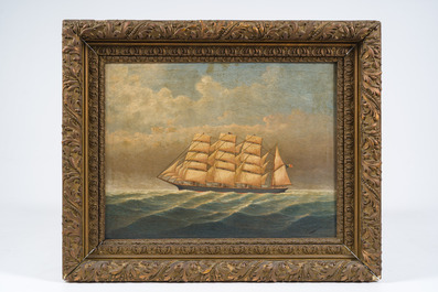 F. ou P. Stein (19&egrave;me si&egrave;cle): Un quatre-m&acirc;ts belge sur une mer calme, huile sur toile