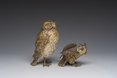 Franz Xaver Bergmann (1861-1936): Twee Weense polychroom koud beschilderde bronzen modellen van uilen, 19de/20ste eeuw