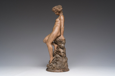 Claude Michel (Clodion, 1738-1814, apr&egrave;s): Nymphe au rocher, terre cuite patin&eacute;e, 19&egrave;me si&egrave;cle