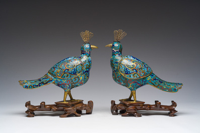 A pair of Chinese cloisonn&eacute; peacock-shaped censers and covers, 19th C.