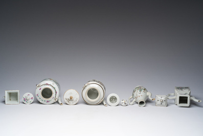 Four Chinese famille rose and qianjiang cai teapots and covers and a cup with figurative design, 19th/20th C.