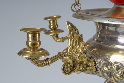 A Gothic revival partially silver-plated brass six-light 'angels' sanctuary lamp, ca. 1900