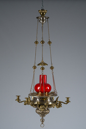 A Gothic revival partially silver-plated brass six-light 'angels' sanctuary lamp, ca. 1900