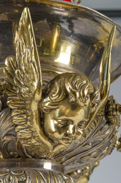 A Gothic revival partially silver-plated brass six-light 'angels' sanctuary lamp, ca. 1900