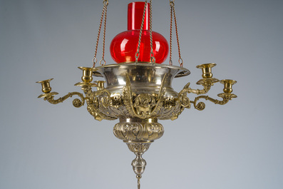 A Gothic revival partially silver-plated brass six-light 'angels' sanctuary lamp, ca. 1900