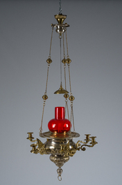 A Gothic revival partially silver-plated brass six-light 'angels' sanctuary lamp, ca. 1900
