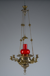 A Gothic revival partially silver-plated brass six-light 'angels' sanctuary lamp, ca. 1900
